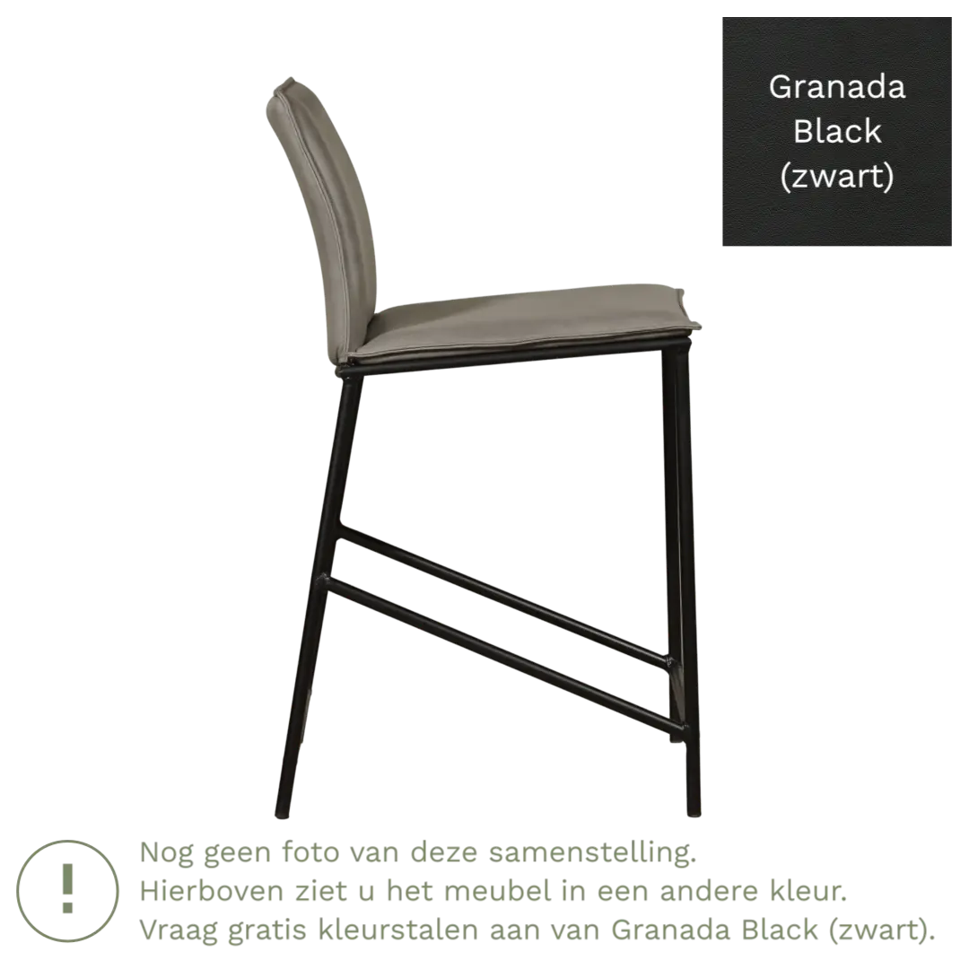 afbeelding van Leren barkruk laag Favor - Granada Black (zwart) - poten staal rond zwart